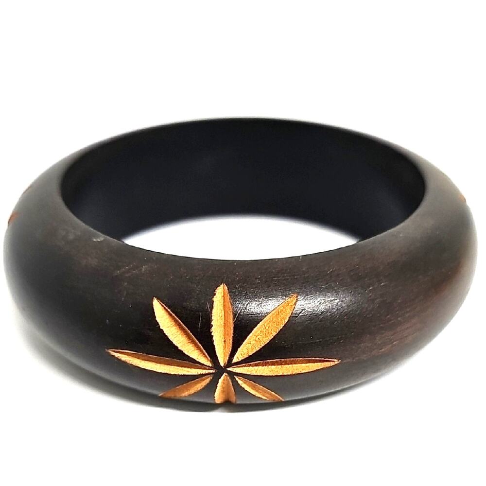 Unisex Brown w/Tan Flower Wooden Hand Carved Slip On Bangle 2.5" I.D.-1" W